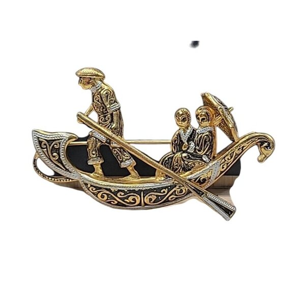 Damascene Gondola Brooch Vintage Spain Couple w/Umbrella Detailed Gold Plating - Picture 9 of 9